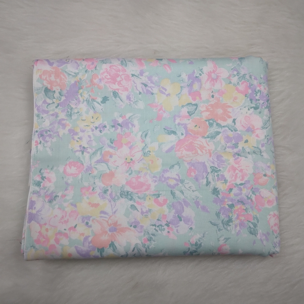 FABRIC Impressionist Pastel Florals On Beautiful Green Background, 4 Yards
